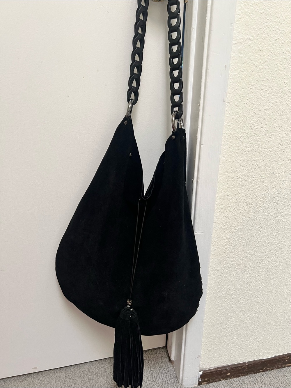 Black Suede Hobo Shoulder Bag with Tassel and Chain-Link Strap